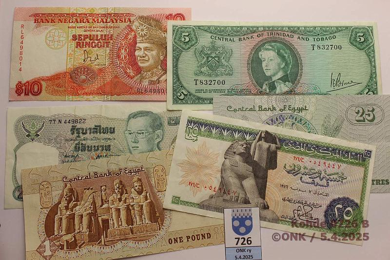 k-0726-b.jpg - Kohde 726 (kuva 2/2), lhthinta: 5 € / myyntihinta: 16 € Muu maailma (20) Bahrain 100f; Egypti 5p-1(4); Irak 1d; Jamaika 20$; Kamboda 50r; Laos 10k; Malaya ja Br. Borneo 1$; Malesia 1+10r; Singapore 1$(2); Thaimaa 10-20b(4); Trinidad & Tobago 5$; Vietnam 5d, kunto: 3-7
