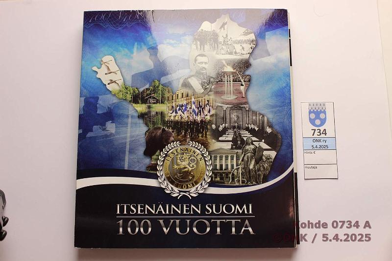 k-0734-a.jpg - Kohde 734 (kuva 1/3), lhthinta: 150 € / myyntihinta: 205 € Monetan Itseninen Suomi 100 v -kansio 2017 Pahvikansissa kultaharkko Au 2,5g/999. CuNi-mitali Itseninen Suomi 100v. Kullatut kyttrahat 1p - 10mk (8kpl)., kunto: 5-10