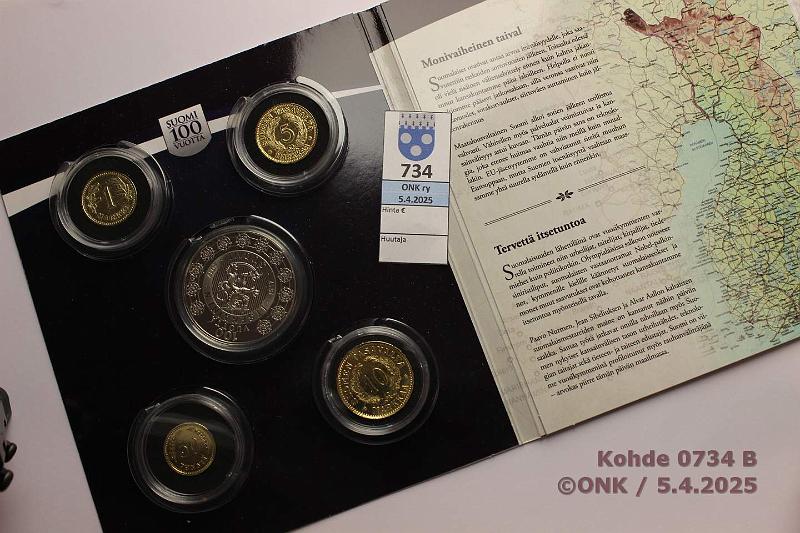 k-0734-b.jpg - Kohde 734 (kuva 2/3), lhthinta: 150 € / myyntihinta: 205 € Monetan Itseninen Suomi 100 v -kansio 2017 Pahvikansissa kultaharkko Au 2,5g/999. CuNi-mitali Itseninen Suomi 100v. Kullatut kyttrahat 1p - 10mk (8kpl)., kunto: 5-10
