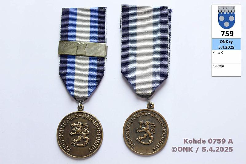 k-0759-a.jpg - Kohde 759 (kuva 1/2), lhthinta: 20 € / ei tarjouksia Maanpuolustusmitali (2) Toinen hopeisella soljella, thn myntkirja, kunto: 10, 9