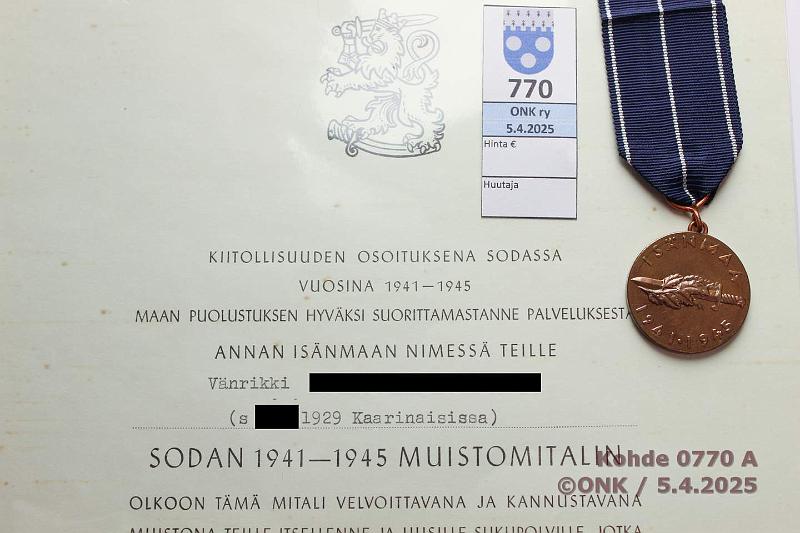 k-0770-a.jpg - Kohde 770 (kuva 1/2), lhthinta: 8 € / ei tarjouksia Jatkosodan muistomitali Myntkirja, kunto: 9