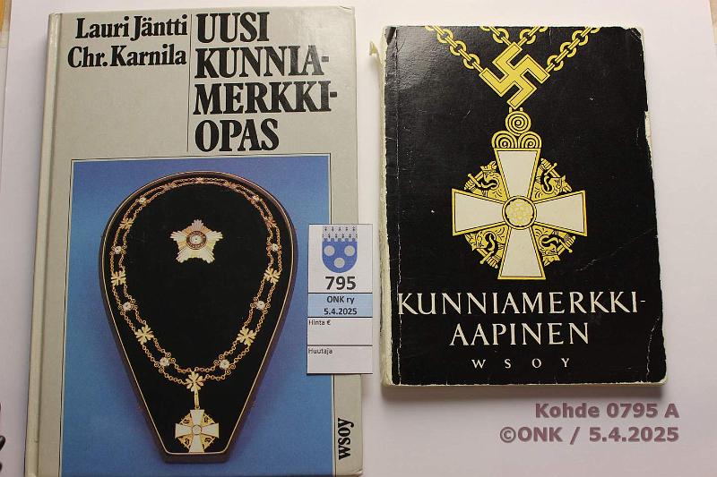 k-0795-a.jpg - Kohde 795 (kuva 1/2), lhthinta: 5 € / myyntihinta: 6 € Jntti & Karnila (2) Kunniamerkkiaapinen (1958), selkpaperi irronnut, muutoin ehj. Uusi kunniamerkkiopas (1983), lkmj, kunto: 7, 9
