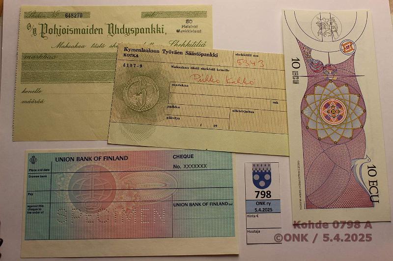 k-0798-a.jpg - Kohde 798 (kuva 1/2), lhthinta: 5 € / myyntihinta: 5 € Sekit ja muuta (4) Sekit: Pohjoismaiden Yhdyspankki, kyttmtn; Union Bank of Finland SPECIMEN lvistyksell; Kymen Tyven Sstpankki, kytetty, rei'ittimen reik. 10 ECU messuseteli European Community, Sevilla Expo 1992, kunto: 8-9