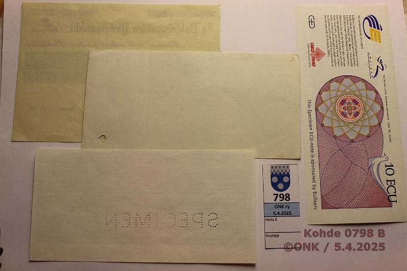k-0798-b.jpg - Kohde 798 (kuva 2/2), lhthinta: 5 € / myyntihinta: 5 € Sekit ja muuta (4) Sekit: Pohjoismaiden Yhdyspankki, kyttmtn; Union Bank of Finland SPECIMEN lvistyksell; Kymen Tyven Sstpankki, kytetty, rei'ittimen reik. 10 ECU messuseteli European Community, Sevilla Expo 1992, kunto: 8-9