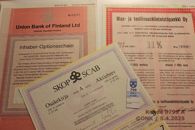 k-0799-a.jpg - Kohde 799, lhthinta: 5 € / myyntihinta: 5 € Osakekirjoja ja oblikaatioita (3) 1978 → SKOP sarja A; Maa- ja teollisuuskiinteistpankki Oy; Union Bank of Finland Ltd, kunto: 7-8