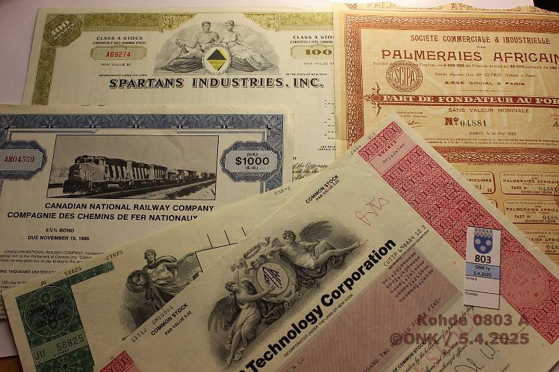 k-0803-a.jpg - Kohde 803 (kuva 1/3), lhthinta: 5 € / myyntihinta: 13 € Osakekirjoja ja oblikaatioita (10) 1914 → Ida H Gold mining compay; Studebaker-Worthington Inc (2); San Juan Racing Association Inc; PAR Technology Corp; Peeskill Financial Corp; Heck's Inc; Canadian National Railway Comp; Societe commerciale industrielle Palmeraires Africaines; Spartans Industries nc, kunto: 5-7