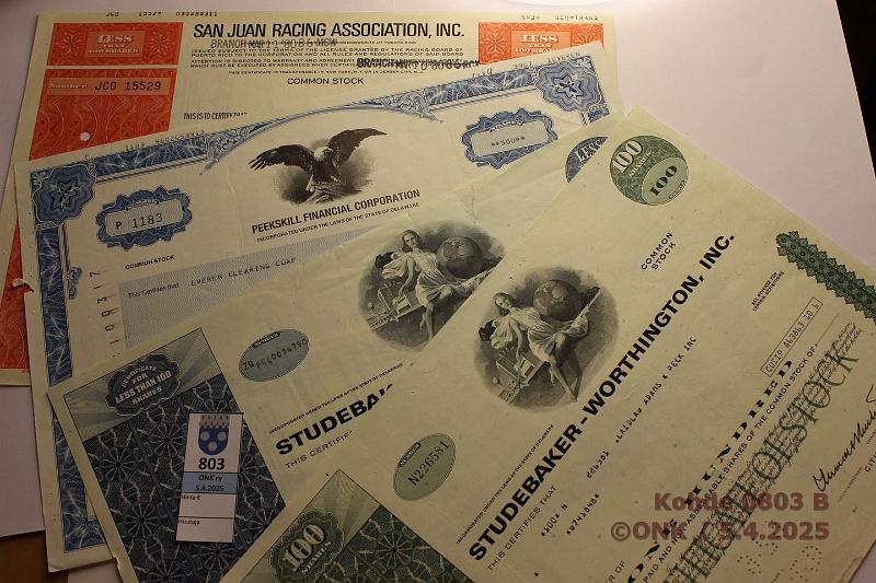 k-0803-b.jpg - Kohde 803 (kuva 2/3), lhthinta: 5 € / myyntihinta: 13 € Osakekirjoja ja oblikaatioita (10) 1914 → Ida H Gold mining compay; Studebaker-Worthington Inc (2); San Juan Racing Association Inc; PAR Technology Corp; Peeskill Financial Corp; Heck's Inc; Canadian National Railway Comp; Societe commerciale industrielle Palmeraires Africaines; Spartans Industries nc, kunto: 5-7