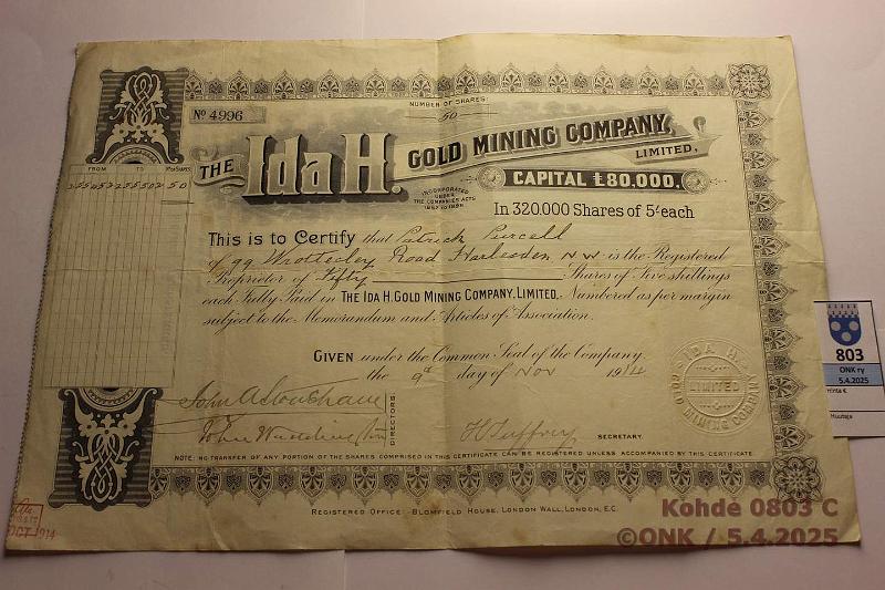 k-0803-c.jpg - Kohde 803 (kuva 3/3), lhthinta: 5 € / myyntihinta: 13 € Osakekirjoja ja oblikaatioita (10) 1914 → Ida H Gold mining compay; Studebaker-Worthington Inc (2); San Juan Racing Association Inc; PAR Technology Corp; Peeskill Financial Corp; Heck's Inc; Canadian National Railway Comp; Societe commerciale industrielle Palmeraires Africaines; Spartans Industries nc, kunto: 5-7