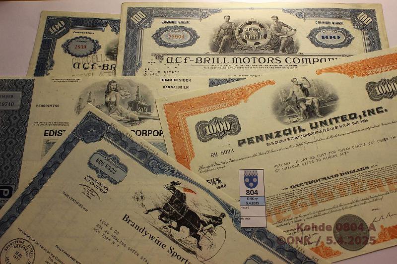 k-0804-a.jpg - Kohde 804 (kuva 1/2), lhthinta: 5 € / myyntihinta: 7 € Osakekirjoja ja oblikaatioita (10) 1945 → ACF-Brill motors Comp (2); Rimco Industries Inc; Edisto Resources Corp; Brandywine Sports Inc; Pennzoil United Inc; The Union Corp; E.J. Korvette Inc; Canadian Javelin Limited; Caseale Industries Inc, kunto: 5-7