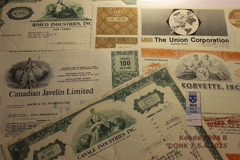 k-0804-b.jpg - Kohde 804 (kuva 2/2), lhthinta: 5 € / myyntihinta: 7 € Osakekirjoja ja oblikaatioita (10) 1945 → ACF-Brill motors Comp (2); Rimco Industries Inc; Edisto Resources Corp; Brandywine Sports Inc; Pennzoil United Inc; The Union Corp; E.J. Korvette Inc; Canadian Javelin Limited; Caseale Industries Inc, kunto: 5-7