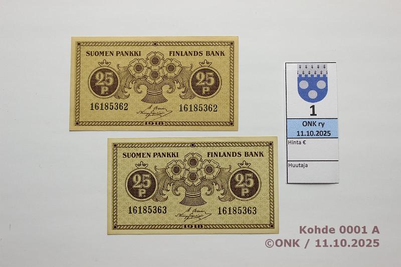 k-0001-a.jpg - Kohde 1, lhthinta: 10 € / myyntihinta: 16 € 25 p 1918 (2) SNY 103 16185362-63 BA I-His, 2 perk., kunto: 9