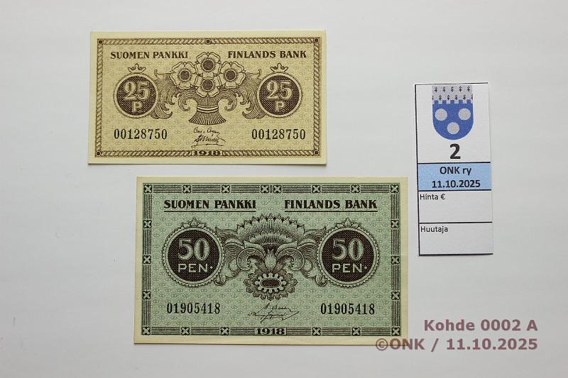 k-0002-a.jpg - Kohde 2, lhthinta: 10 € / myyntihinta: 10 € 25 + 50 p 1918 SNY 103 + 105 25p COL-Ml, 50p BA I-His, kunto: 9, 8