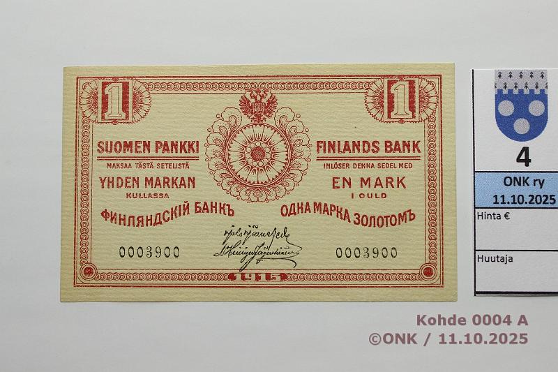 k-0004-a.jpg - Kohde 4 (kuva 1/2), l�ht�hinta: 40 &euro; / myyntihinta: 52 &euro; 1 mk 1915 SNY 111.1 0003900 J�R-His, painumia, kunto: 9