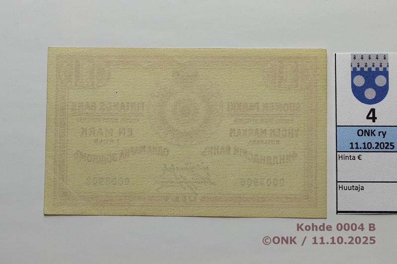 k-0004-b.jpg - Kohde 4 (kuva 2/2), lhthinta: 40 € / myyntihinta: 52 € 1 mk 1915 SNY 111.1 0003900 JR-His, painumia, kunto: 9