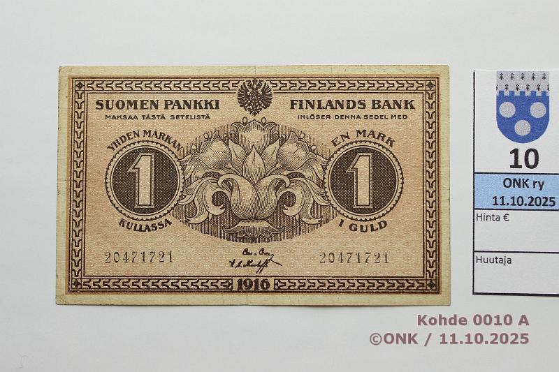 k-0010-a.jpg - Kohde 10 (kuva 1/2), l�ht�hinta: 50 &euro; / ei tarjouksia 1 mk 1916 KV SNY 112.2.3 20471721 COL-The, kunto: 5