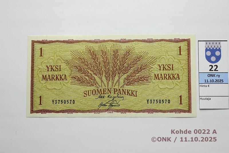 k-0022-a.jpg - Kohde 22, l�ht�hinta: 15 &euro; / ei tarjouksia 1 mk 1963 SNY 114.1.1 Y3750570 KA I-AAs, kevyt vinotaitos, kunto: 8