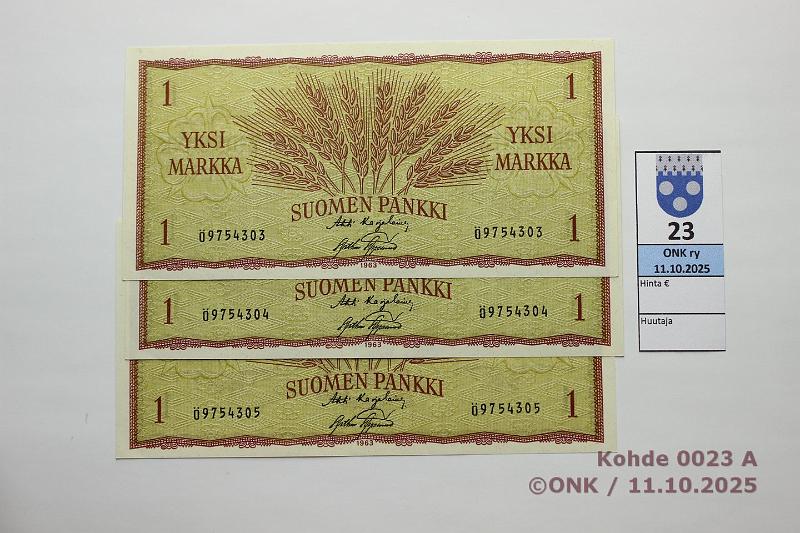 k-0023-a.jpg - Kohde 23, l�ht�hinta: 5 &euro; / myyntihinta: 5 &euro; 1 mk 1963 (3) SNY 114.1.1 �9754303-05 KA I-AAs, 3 per�k., kunto: 8-9