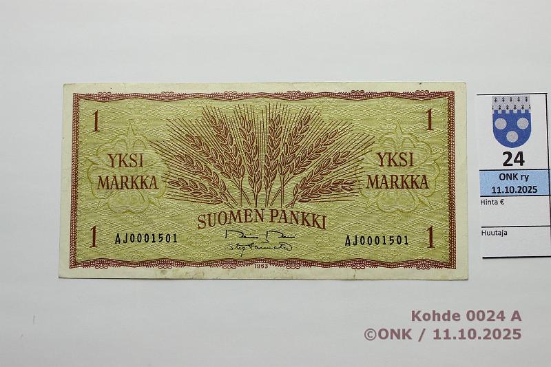k-0024-a.jpg - Kohde 24, l�ht�hinta: 5 &euro; / ei tarjouksia 1 mk 1963 SNY 114.1.1 AJ0001501 RO II-T�r, tahroja, kunto: 5