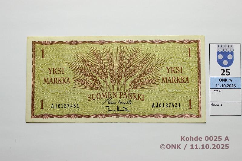 k-0025-a.jpg - Kohde 25, lhthinta: 5 € / myyntihinta: 5 € 1 mk 1963 SNY 114.1.1 AJ0127431 KO I-Ara, kunto: 5