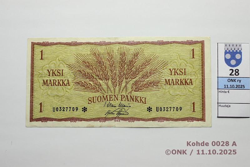k-0028-a.jpg - Kohde 28, lhthinta: 10 € / ei tarjouksia 1 mk 1963 U* SNY 114.2.3 U0327709* WAR-AAs, korvaava, kunto: 4