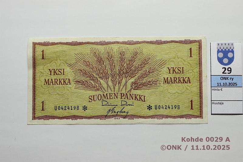 k-0029-a.jpg - Kohde 29, l�ht�hinta: 15 &euro; / ei tarjouksia 1 mk 1963 U* SNY 114.2.3 U0424198* RO I-Eng, korvaava, kunto: 5