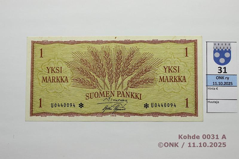 k-0031-a.jpg - Kohde 31, l�ht�hinta: 20 &euro; / ei tarjouksia 1 mk 1963 U* SNY 114.2.3 U0440094* SIM-AAs, korvaava, matta, pr�ss�tty, kunto: 6