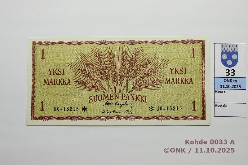 k-0033-a.jpg - Kohde 33, lhthinta: 35 € / myyntihinta: 36 € 1 mk 1963 U* SNY 114.2.3 U0413215* KA I-Tr, korvaava, painumia, kunto: 9