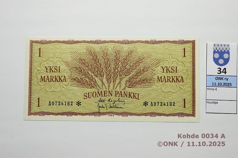 k-0034-a.jpg - Kohde 34, l�ht�hinta: 35 &euro; / myyntihinta: 42 &euro; 1 mk 1963 A* SNY 114.2.4 A0724182* KA I-Vou, korvaava, kunto: 9