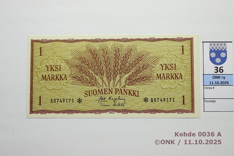 k-0036-a.jpg - Kohde 36, l�ht�hinta: 35 &euro; / myyntihinta: 35 &euro; 1 mk 1963 A* SNY 114.2.4 A0749171* KA I-He�, korvaava, kunto: 9