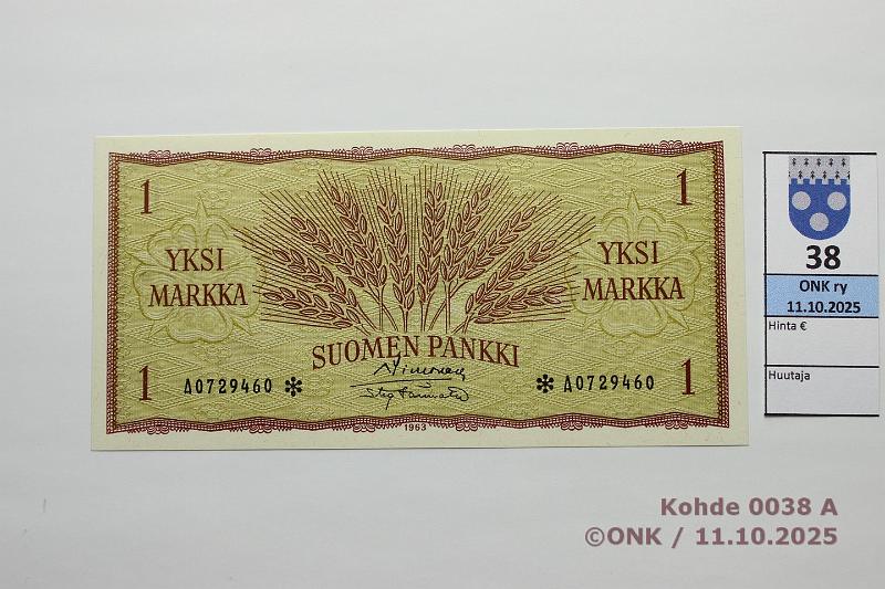 k-0038-a.jpg - Kohde 38, lhthinta: 35 € / myyntihinta: 40 € 1 mk 1963 A* SNY 114.2.4 A0729460* SIM-Tr, korvaava, painuma, kunto: 9