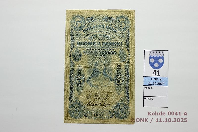 k-0041-a.jpg - Kohde 41 (kuva 1/2), l�ht�hinta: 15 &euro; / myyntihinta: 20 &euro; 5 mk 1897 SNY 129.2.1 11578362 STS-J�g, prep�, preiki�, kunto: 3
