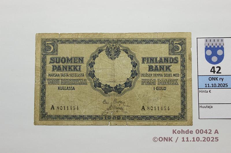 k-0042-a.jpg - Kohde 42 (kuva 1/2), lhthinta: 400 € / myyntihinta: 400 € 5 mk 1909 A SNY 130.2 A 8011454 COL-Ml, rep, reiki, km, kunto: 2