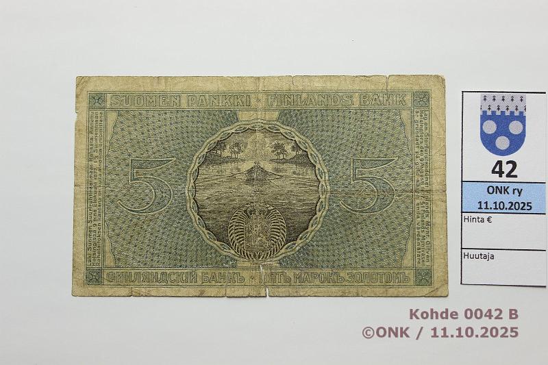 k-0042-b.jpg - Kohde 42 (kuva 2/2), lhthinta: 400 € / myyntihinta: 400 € 5 mk 1909 A SNY 130.2 A 8011454 COL-Ml, rep, reiki, km, kunto: 2