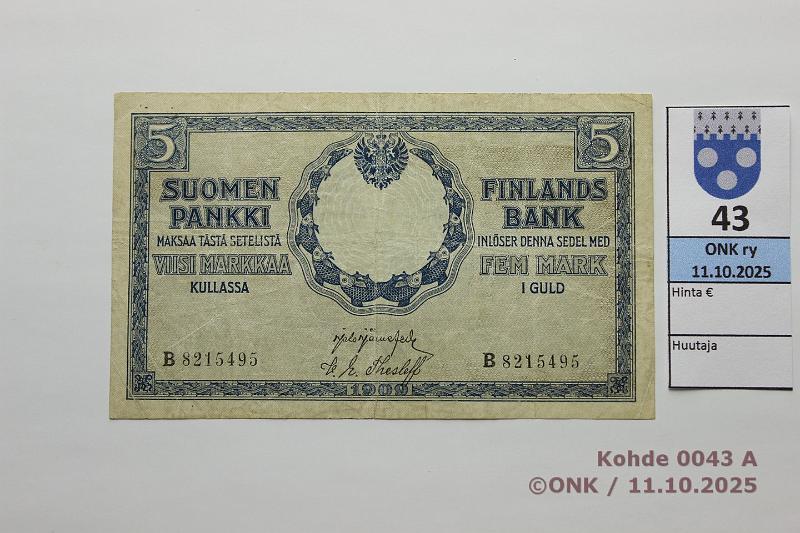 k-0043-a.jpg - Kohde 43 (kuva 1/2), l�ht�hinta: 1200 &euro; / myyntihinta: 1200 &euro; 5 mk 1909 B SNY 130.3 B 8215495 J�R-The, pr�ss�tty, kunto: 4