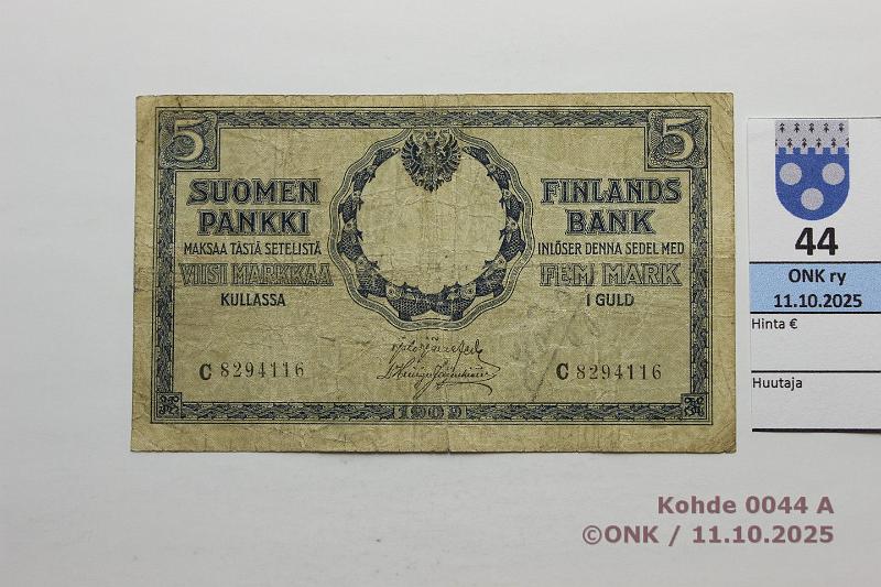 k-0044-a.jpg - Kohde 44 (kuva 1/2), l�ht�hinta: 2500 &euro; / ei tarjouksia 5 mk 1909 C SNY 130.4 C 8294116 J�R-His, prep, preiki�, km, kunto: 3