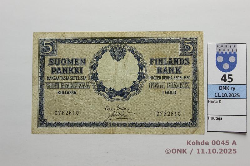 k-0045-a.jpg - Kohde 45 (kuva 1/2), lhthinta: 8000 € / ei tarjouksia 5 mk 1909 SNY 130.1.2 0762610 COL-Ml, kaksoisrengas, erittin vaikea, tunnetaan vain 10 kpl!, kunto: 4