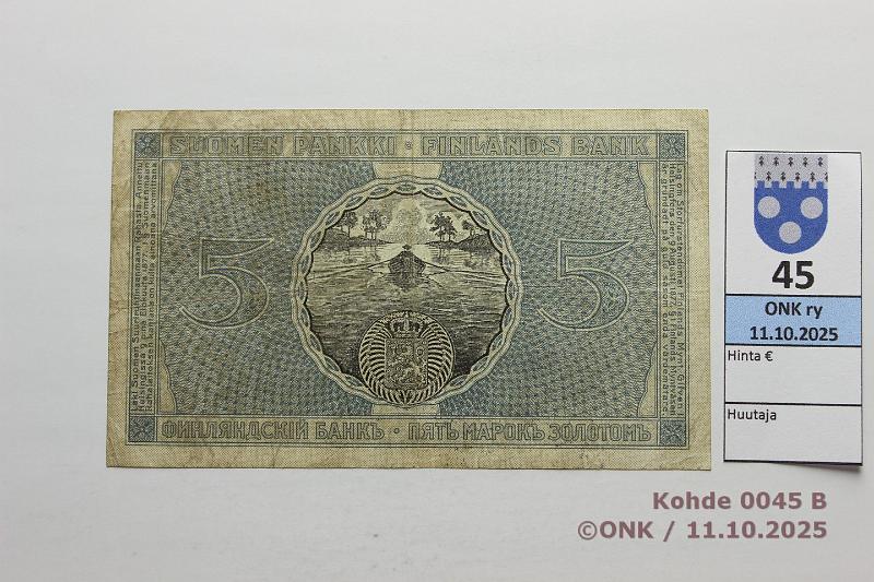 k-0045-b.jpg - Kohde 45 (kuva 2/2), lhthinta: 8000 € / ei tarjouksia 5 mk 1909 SNY 130.1.2 0762610 COL-Ml, kaksoisrengas, erittin vaikea, tunnetaan vain 10 kpl!, kunto: 4