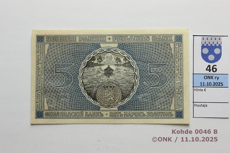 k-0046-b.jpg - Kohde 46 (kuva 2/2), lhthinta: 15 € / myyntihinta: 24 € 5 mk 1909 KV SNY 130.7.1 20271110 COL-The, kunto: 8