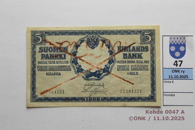 k-0047-a.jpg - Kohde 47 (kuva 1/2), lhthinta: 5 € / myyntihinta: 5 € 5 mk 1909 KV SNY 130.7.1 20384201 JR-His, ksin mittity, prep, kunto: 6