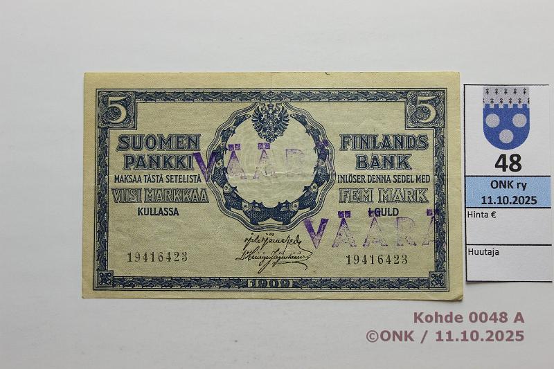 k-0048-a.jpg - Kohde 48 (kuva 1/2), lhthinta: 5 € / myyntihinta: 5 € 5 mk 1909 KV SNY 130.7.1 19416423 JR-His, vr-leimat, kunto: 5