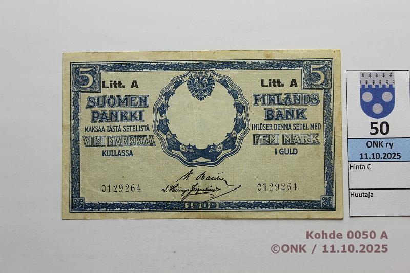 k-0050-a.jpg - Kohde 50 (kuva 1/2), lhthinta: 20 € / myyntihinta: 20 € 5 mk 1909 LA SNY 130.8.1 0129264 BA I-His, ei vl, tahra, kunto: 5