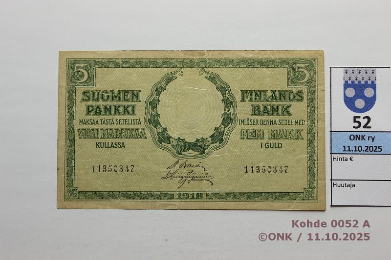 k-0052-a.jpg - Kohde 52 (kuva 1/2), lhthinta: 15 € / myyntihinta: 15 € 5 mk 1918 SNY 131 11350347 BA II-His, 8mm rep, kunto: 5
