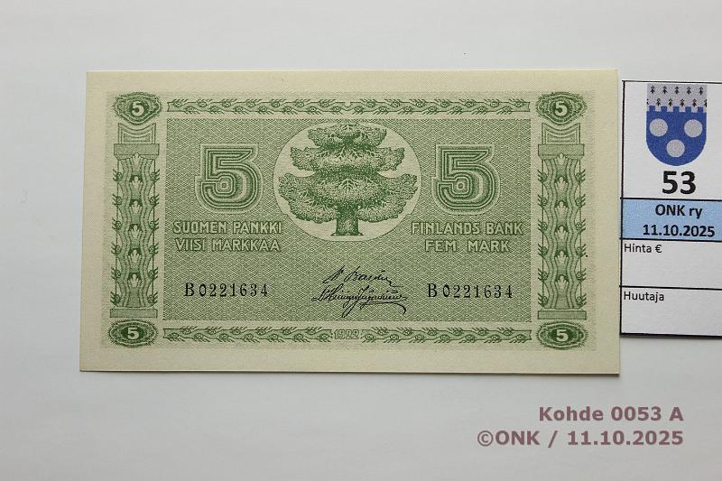 k-0053-a.jpg - Kohde 53 (kuva 1/2), l�ht�hinta: 60 &euro; / ei tarjouksia 5 mk 1922 SNY 132.1 B0221634 BA II-His, kunto: 8
