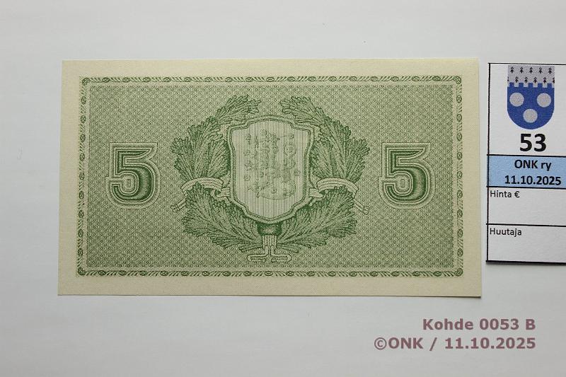 k-0053-b.jpg - Kohde 53 (kuva 2/2), l�ht�hinta: 60 &euro; / ei tarjouksia 5 mk 1922 SNY 132.1 B0221634 BA II-His, kunto: 8
