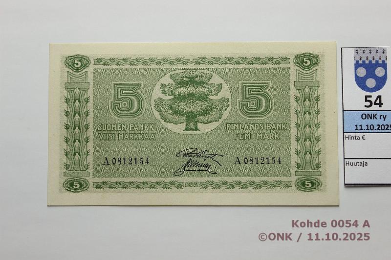 k-0054-a.jpg - Kohde 54 (kuva 1/2), lhthinta: 90 € / ei tarjouksia 5 mk 1922 SNY 132.1 A0812154 STE-Ml, kunto: 9