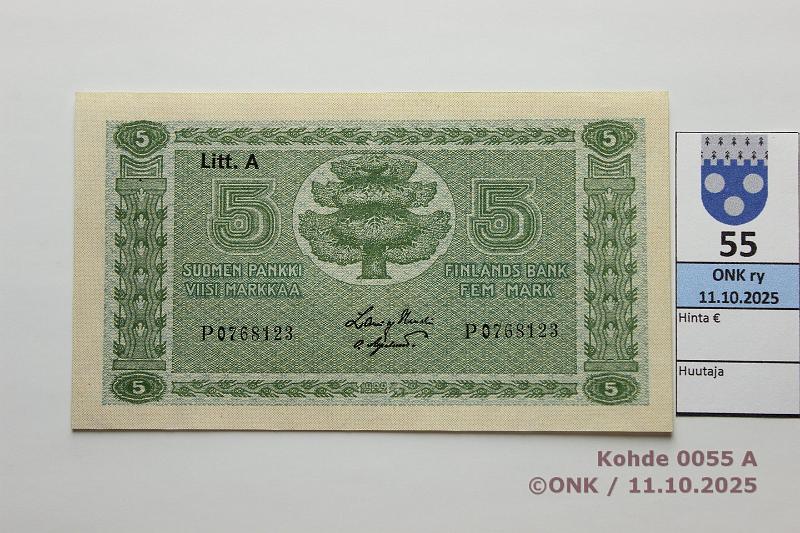 k-0055-a.jpg - Kohde 55, lhthinta: 90 € / myyntihinta: 90 € 5 mk 1922 LA SNY 132.2 P0768123 HEU-OAs, kunto: 9