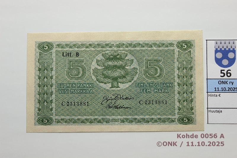 k-0056-a.jpg - Kohde 56 (kuva 1/2), l�ht�hinta: 130 &euro; / ei tarjouksia 5 mk 1922 LB SNY 132.3 C0313881 KAL-Wah, kunto: 9