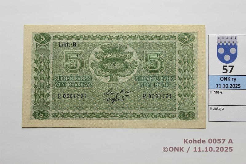 k-0057-a.jpg - Kohde 57 (kuva 1/2), lhthinta: 130 € / myyntihinta: 130 € 5 mk 1922 LB SNY 132.3 E0001701 HEU-OAs, painaumia, kunto: 9