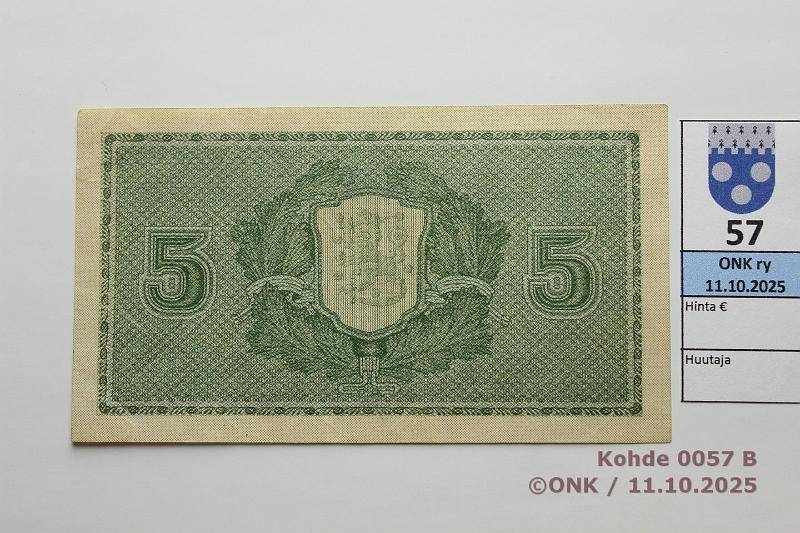 k-0057-b.jpg - Kohde 57 (kuva 2/2), lhthinta: 130 € / myyntihinta: 130 € 5 mk 1922 LB SNY 132.3 E0001701 HEU-OAs, painaumia, kunto: 9