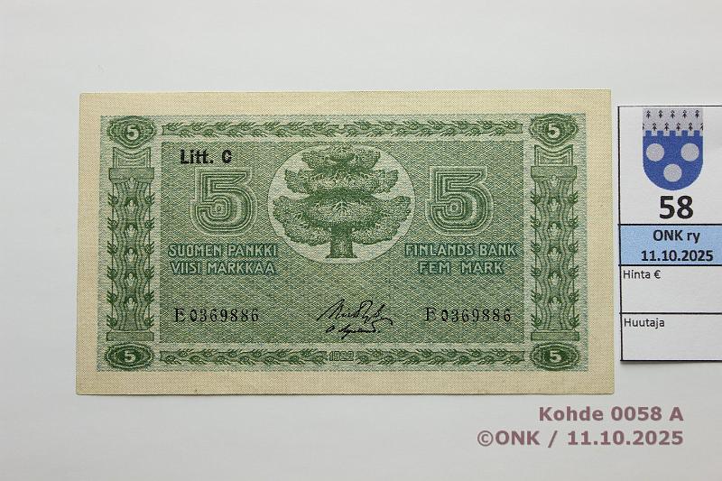 k-0058-a.jpg - Kohde 58, lhthinta: 15 € / myyntihinta: 19 € 5 mk 1922 LC SNY 132.4 E0369886 RYT-OAs, kunto: 7
